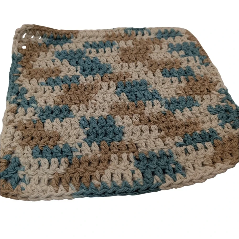 New Handmade Crocheted Potholders Hot Pads Cotton‎ Tan Blue Green Set of Three